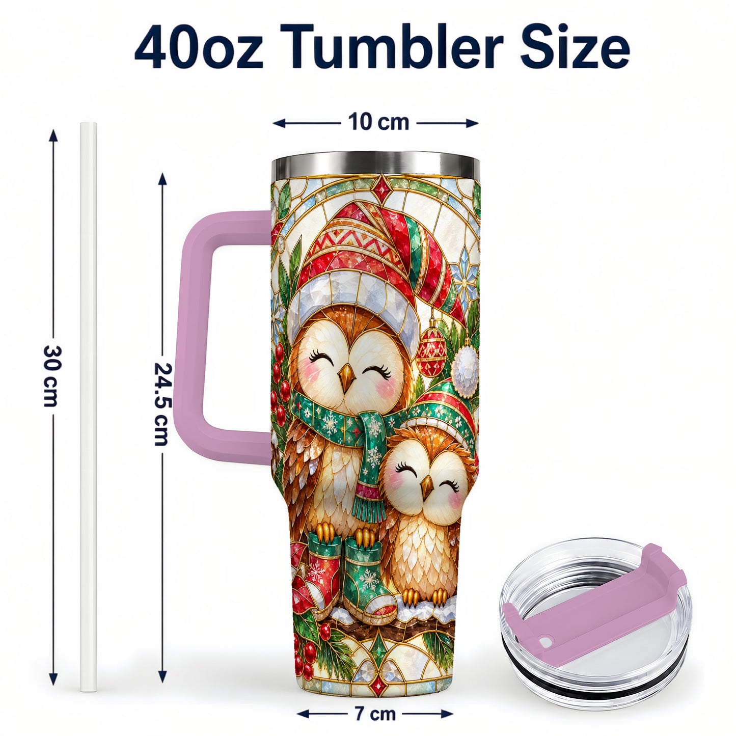 #pl[40oz|Pink] Stained Glass Owl 40oz Tumbler, Christmas Owl Stainless Steel Travel Cup