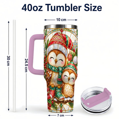 #pl[40oz|Pink] Stained Glass Owl 40oz Tumbler, Christmas Owl Stainless Steel Travel Cup