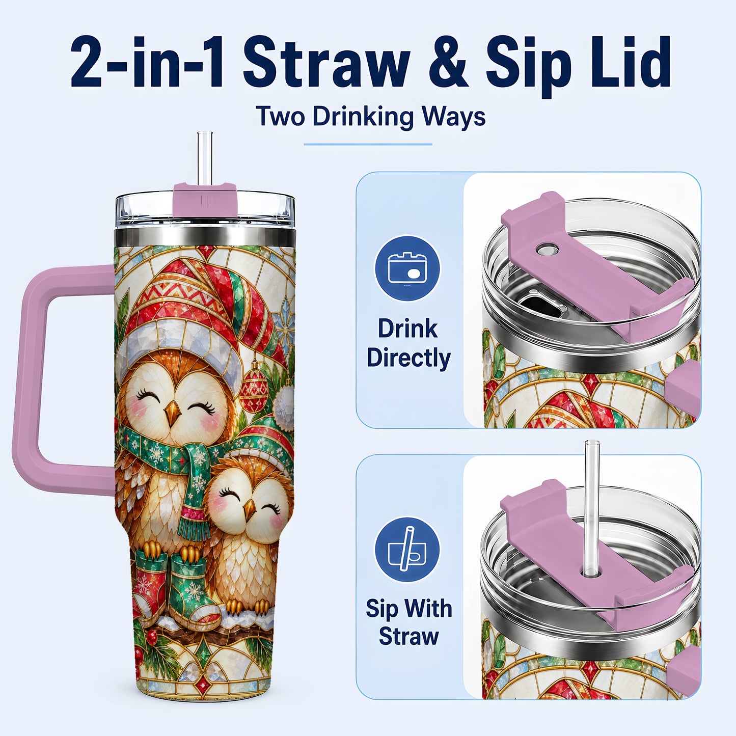 #pl[40oz|Pink] Stained Glass Owl 40oz Tumbler, Christmas Owl Stainless Steel Travel Cup