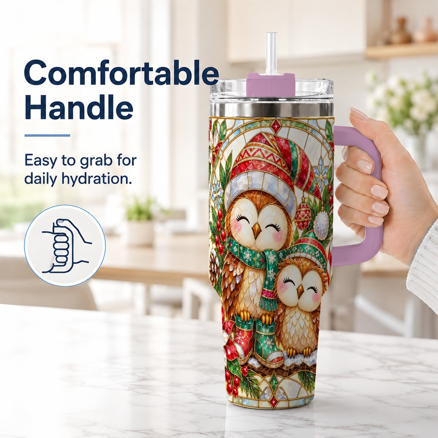 #pl[40oz|Pink] Stained Glass Owl 40oz Tumbler, Christmas Owl Stainless Steel Travel Cup
