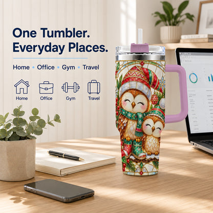 #pl[40oz|Pink] Stained Glass Owl 40oz Tumbler, Christmas Owl Stainless Steel Travel Cup