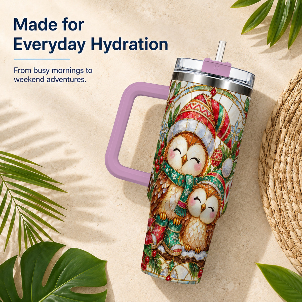 #pl[40oz|Pink] Stained Glass Owl 40oz Tumbler, Christmas Owl Stainless Steel Travel Cup