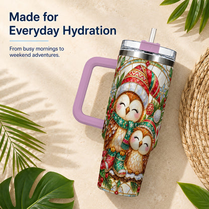 #pl[40oz|Pink] Stained Glass Owl 40oz Tumbler, Christmas Owl Stainless Steel Travel Cup