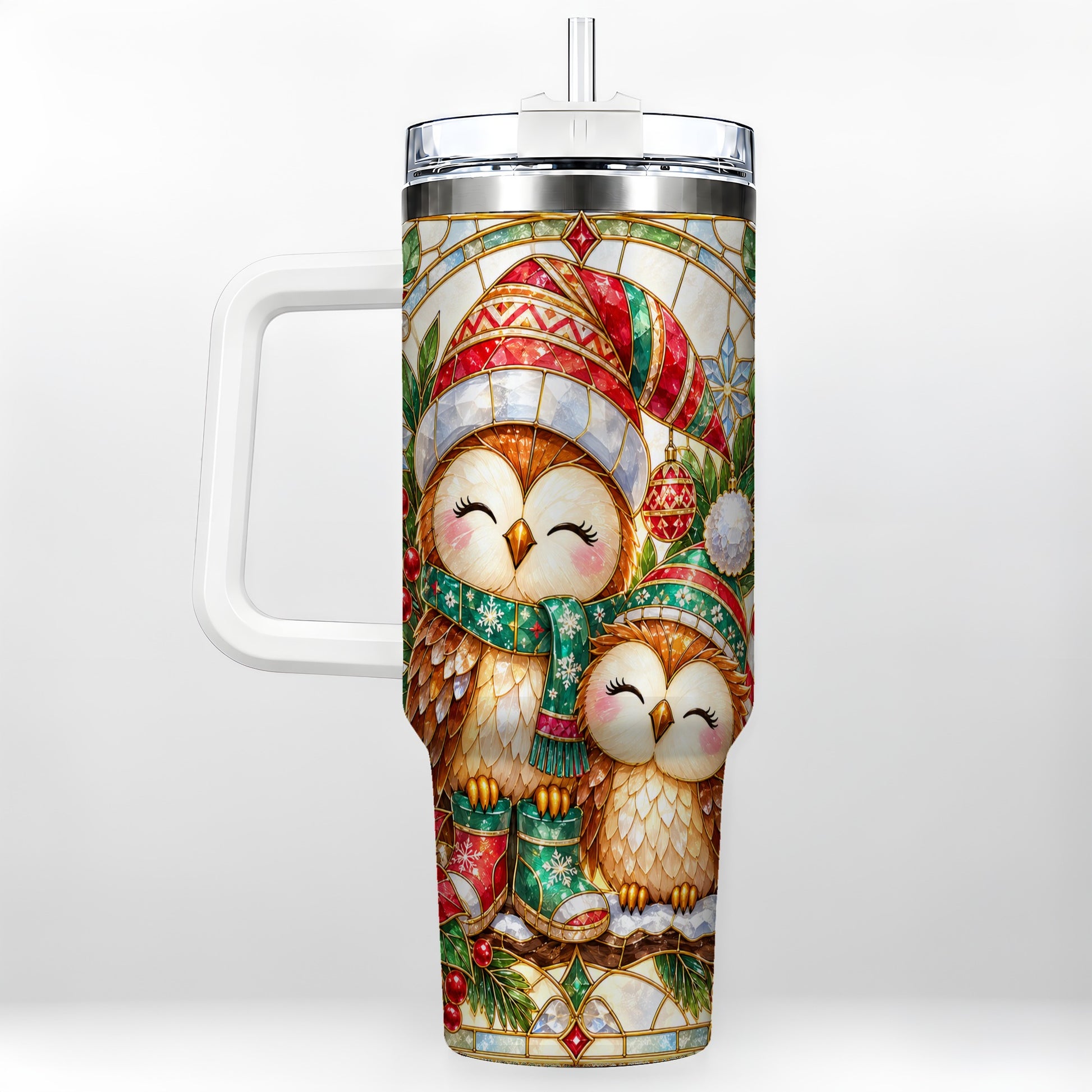 Stained Glass Owl 40oz Tumbler, Christmas Owl Stainless Steel Travel Cup