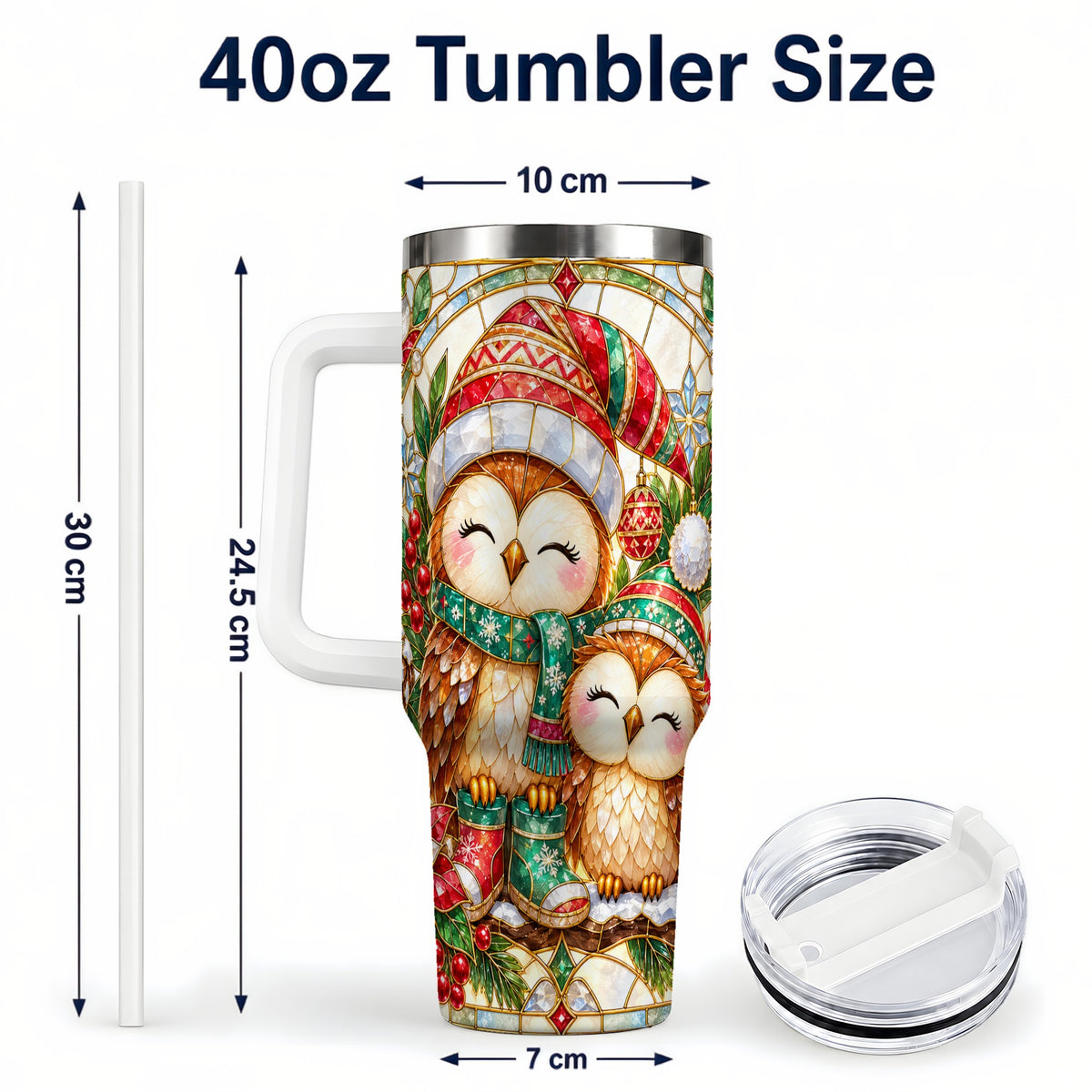 #pl[40oz|White] Stained Glass Owl 40oz Tumbler, Christmas Owl Stainless Steel Travel Cup