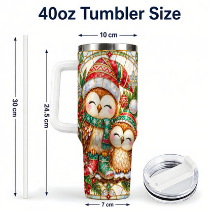 #pl[40oz|White] Stained Glass Owl 40oz Tumbler, Christmas Owl Stainless Steel Travel Cup