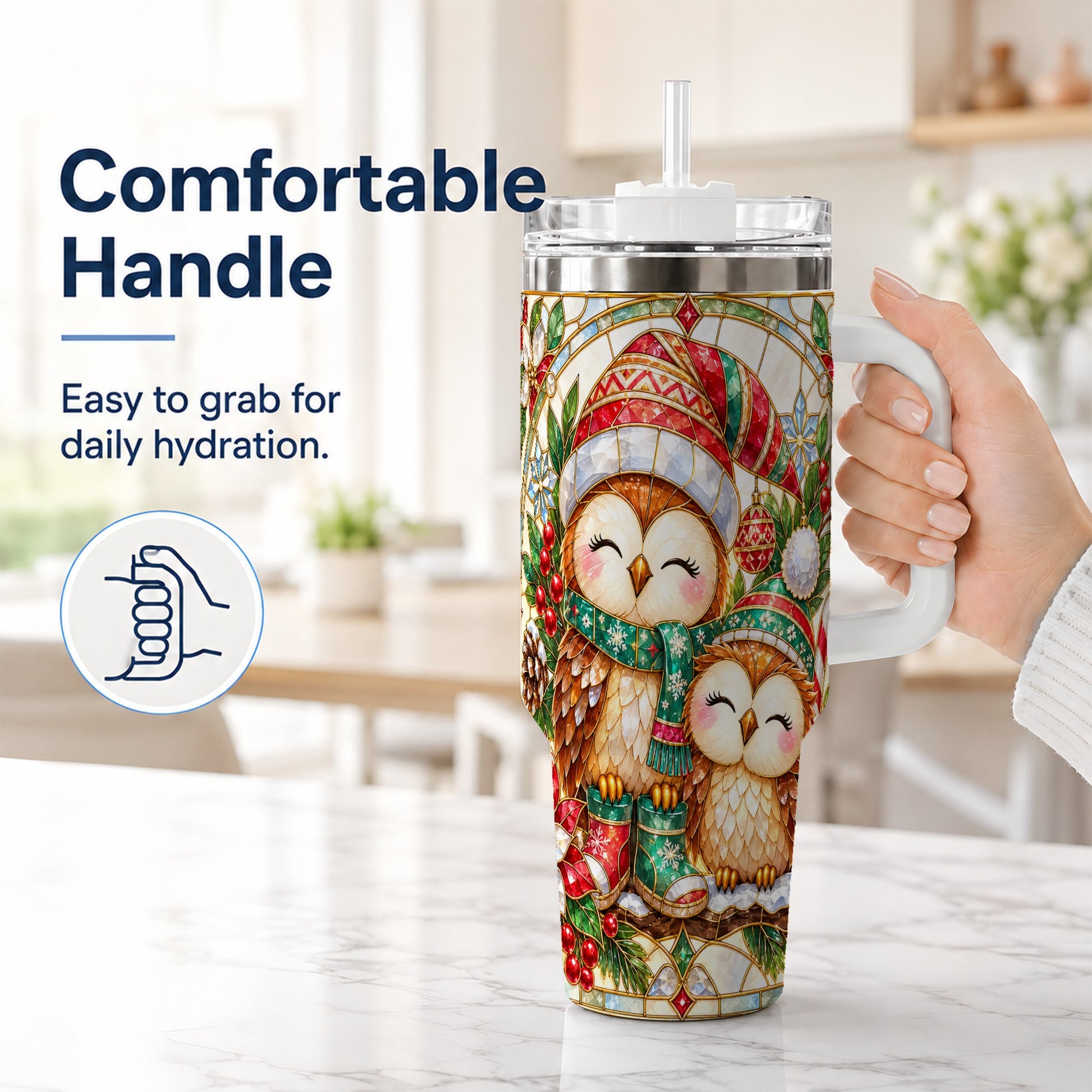 #pl[40oz|White] Stained Glass Owl 40oz Tumbler, Christmas Owl Stainless Steel Travel Cup
