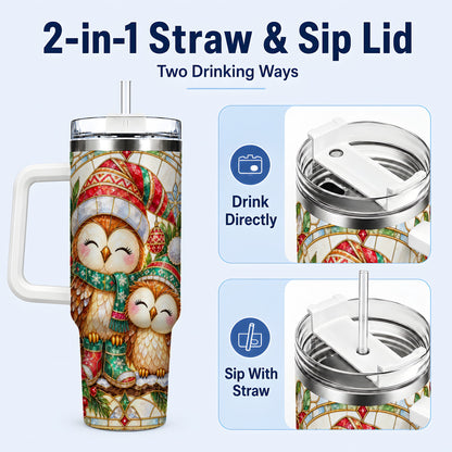 #pl[40oz|White] Stained Glass Owl 40oz Tumbler, Christmas Owl Stainless Steel Travel Cup