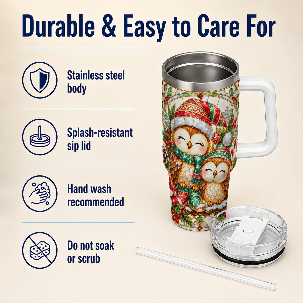#pl[40oz|White] Stained Glass Owl 40oz Tumbler, Christmas Owl Stainless Steel Travel Cup