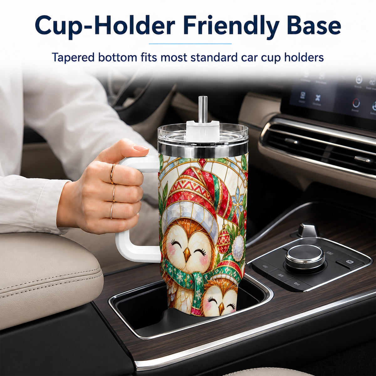 #pl[40oz|White] Stained Glass Owl 40oz Tumbler, Christmas Owl Stainless Steel Travel Cup
