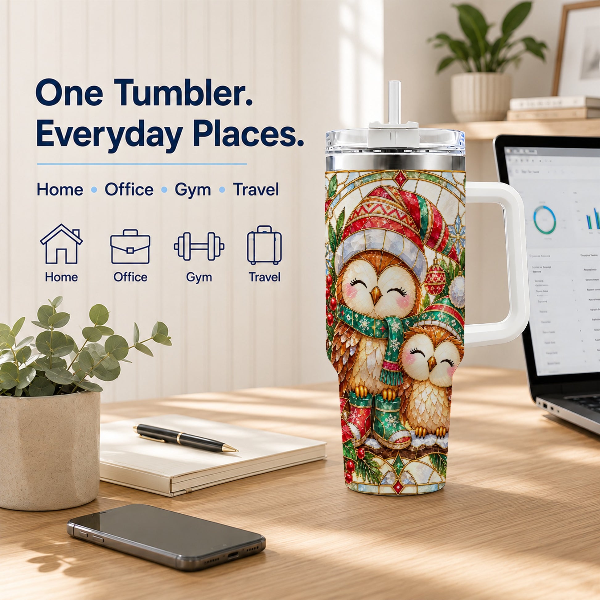 #pl[40oz|White] Stained Glass Owl 40oz Tumbler, Christmas Owl Stainless Steel Travel Cup