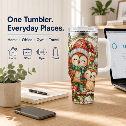 #pl[40oz|White] Stained Glass Owl 40oz Tumbler, Christmas Owl Stainless Steel Travel Cup