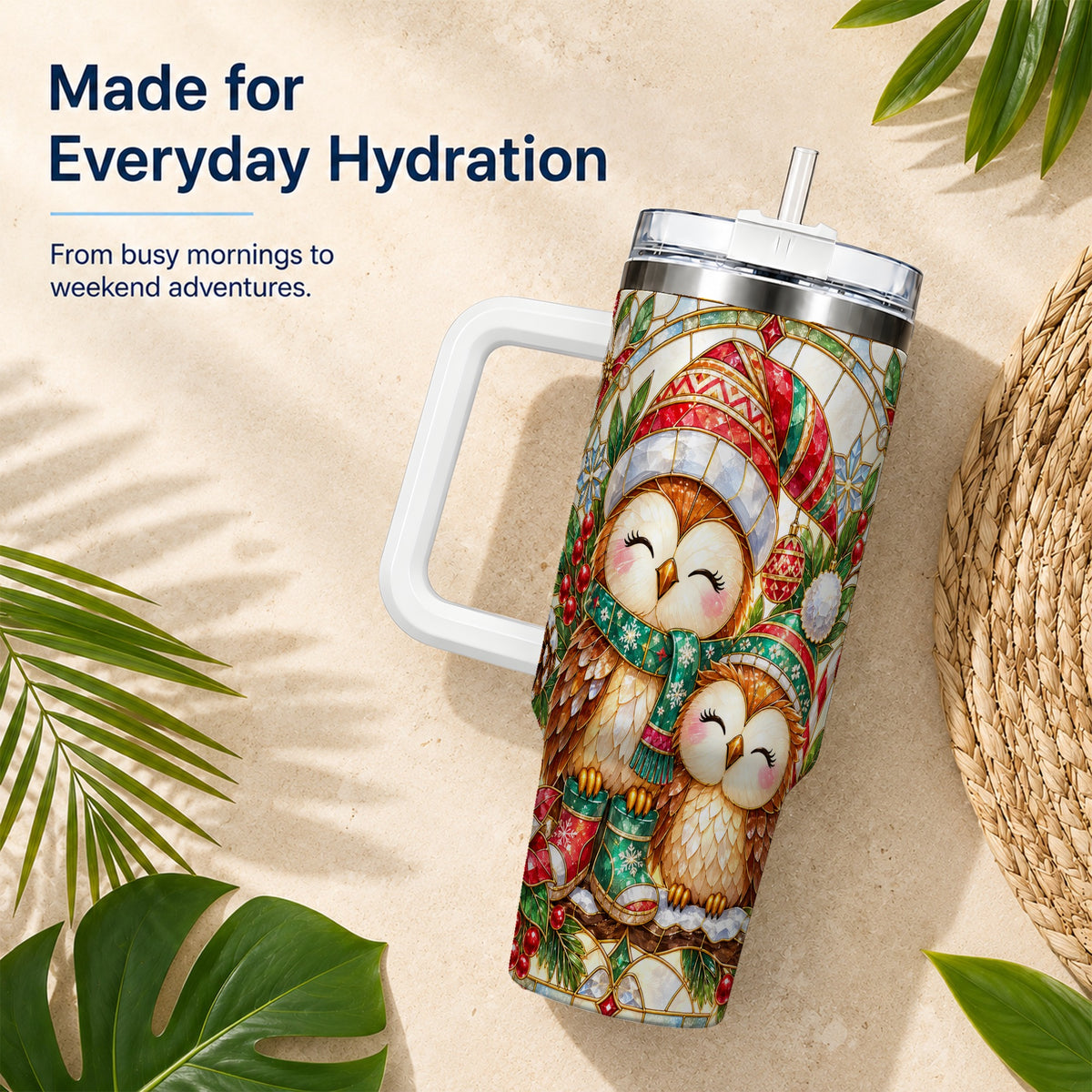 #pl[40oz|White] Stained Glass Owl 40oz Tumbler, Christmas Owl Stainless Steel Travel Cup