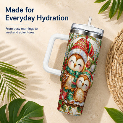 #pl[40oz|White] Stained Glass Owl 40oz Tumbler, Christmas Owl Stainless Steel Travel Cup