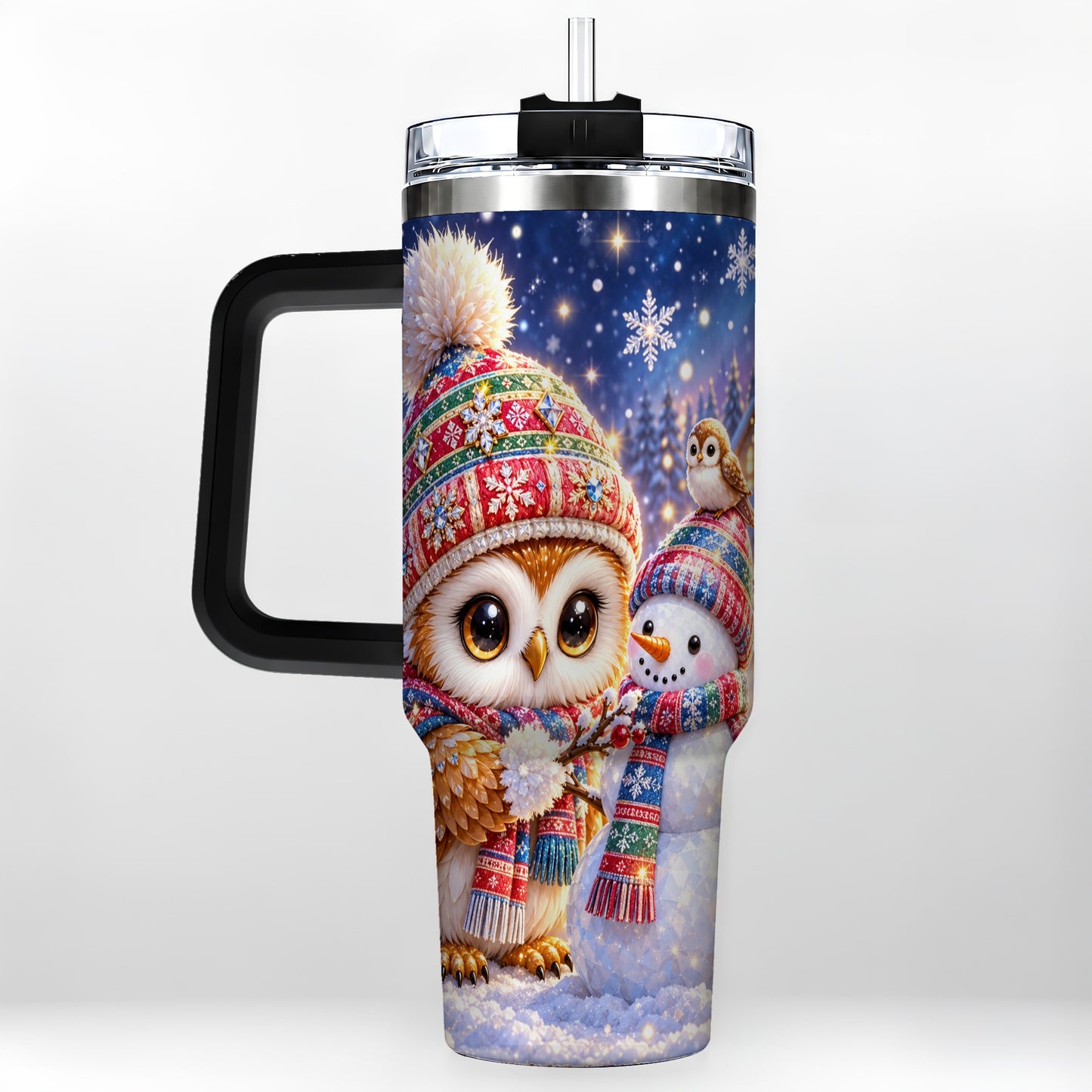 #pl[40oz|Black] Christmas Owl Snowman 40oz Tumbler, Winter Stainless Steel Travel Cup