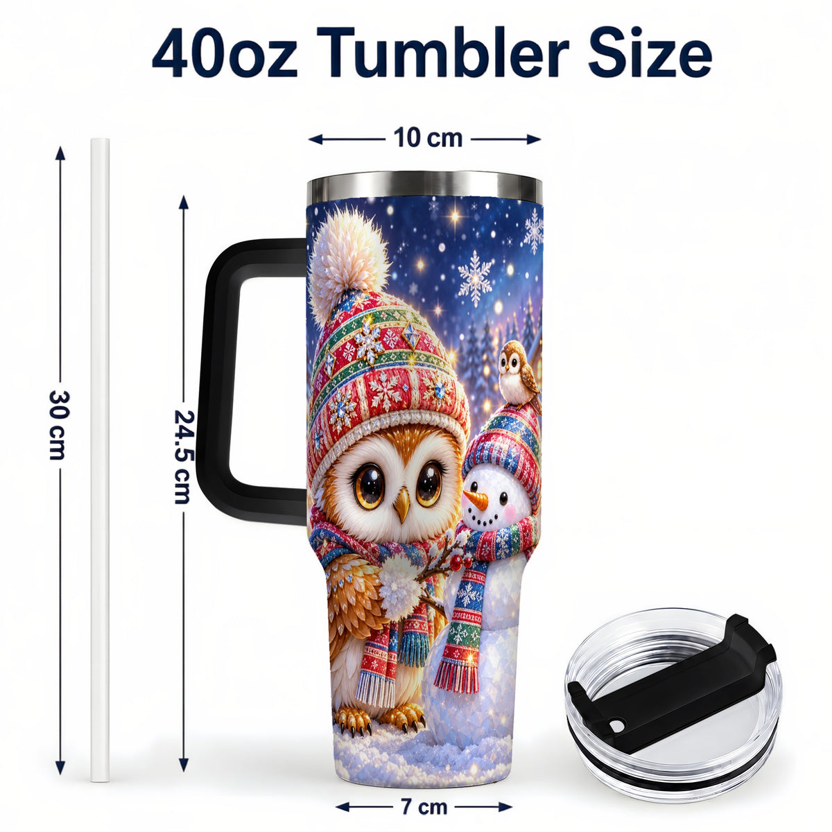 #pl[40oz|Black] Christmas Owl Snowman 40oz Tumbler, Winter Stainless Steel Travel Cup