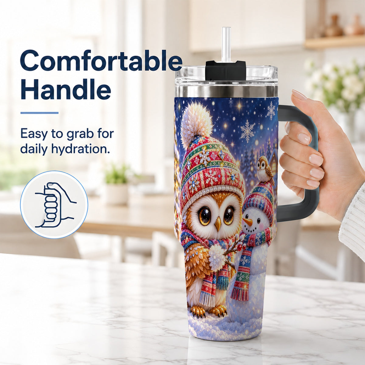#pl[40oz|Black] Christmas Owl Snowman 40oz Tumbler, Winter Stainless Steel Travel Cup