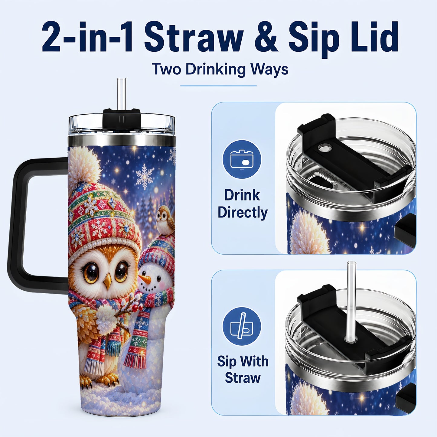#pl[40oz|Black] Christmas Owl Snowman 40oz Tumbler, Winter Stainless Steel Travel Cup