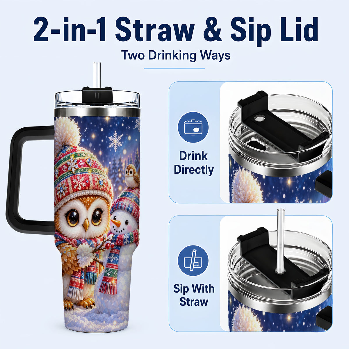#pl[40oz|Black] Christmas Owl Snowman 40oz Tumbler, Winter Stainless Steel Travel Cup