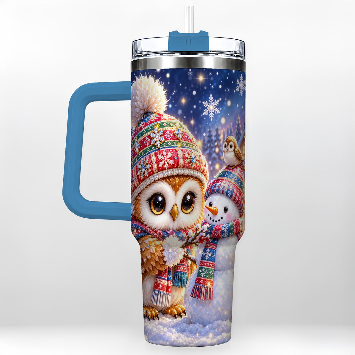 #pl[40oz|Blue] Christmas Owl Snowman 40oz Tumbler, Winter Stainless Steel Travel Cup