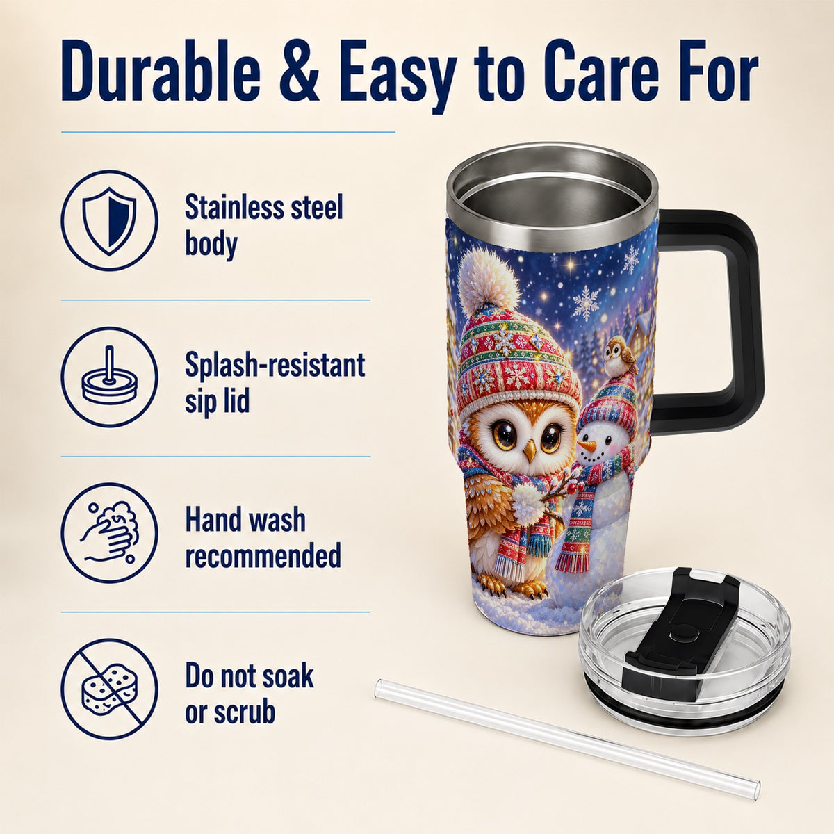 #pl[40oz|Black] Christmas Owl Snowman 40oz Tumbler, Winter Stainless Steel Travel Cup