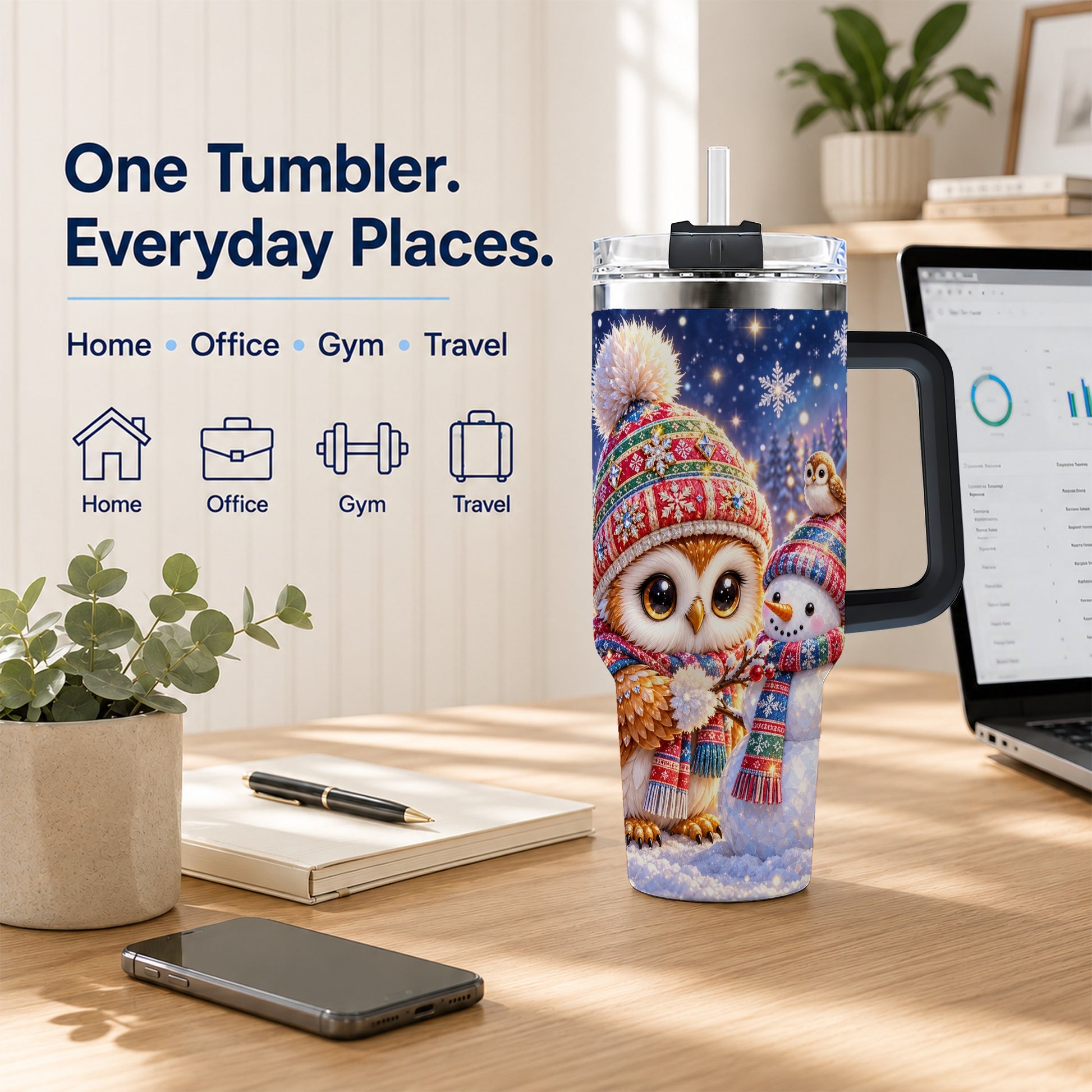 #pl[40oz|Black] Christmas Owl Snowman 40oz Tumbler, Winter Stainless Steel Travel Cup