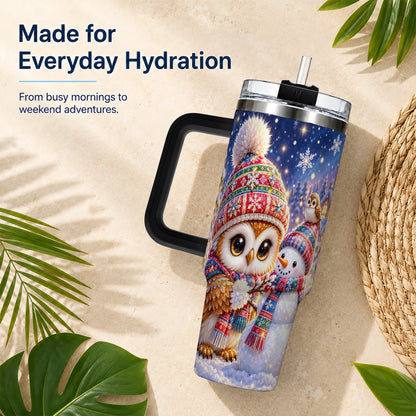#pl[40oz|Black] Christmas Owl Snowman 40oz Tumbler, Winter Stainless Steel Travel Cup
