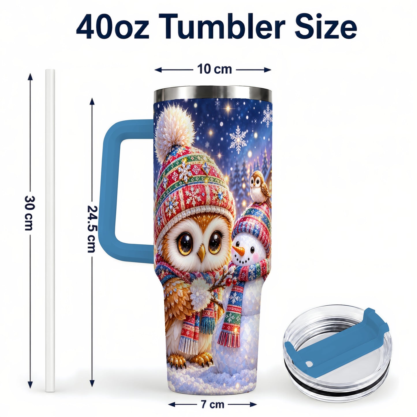 #pl[40oz|Blue] Christmas Owl Snowman 40oz Tumbler, Winter Stainless Steel Travel Cup