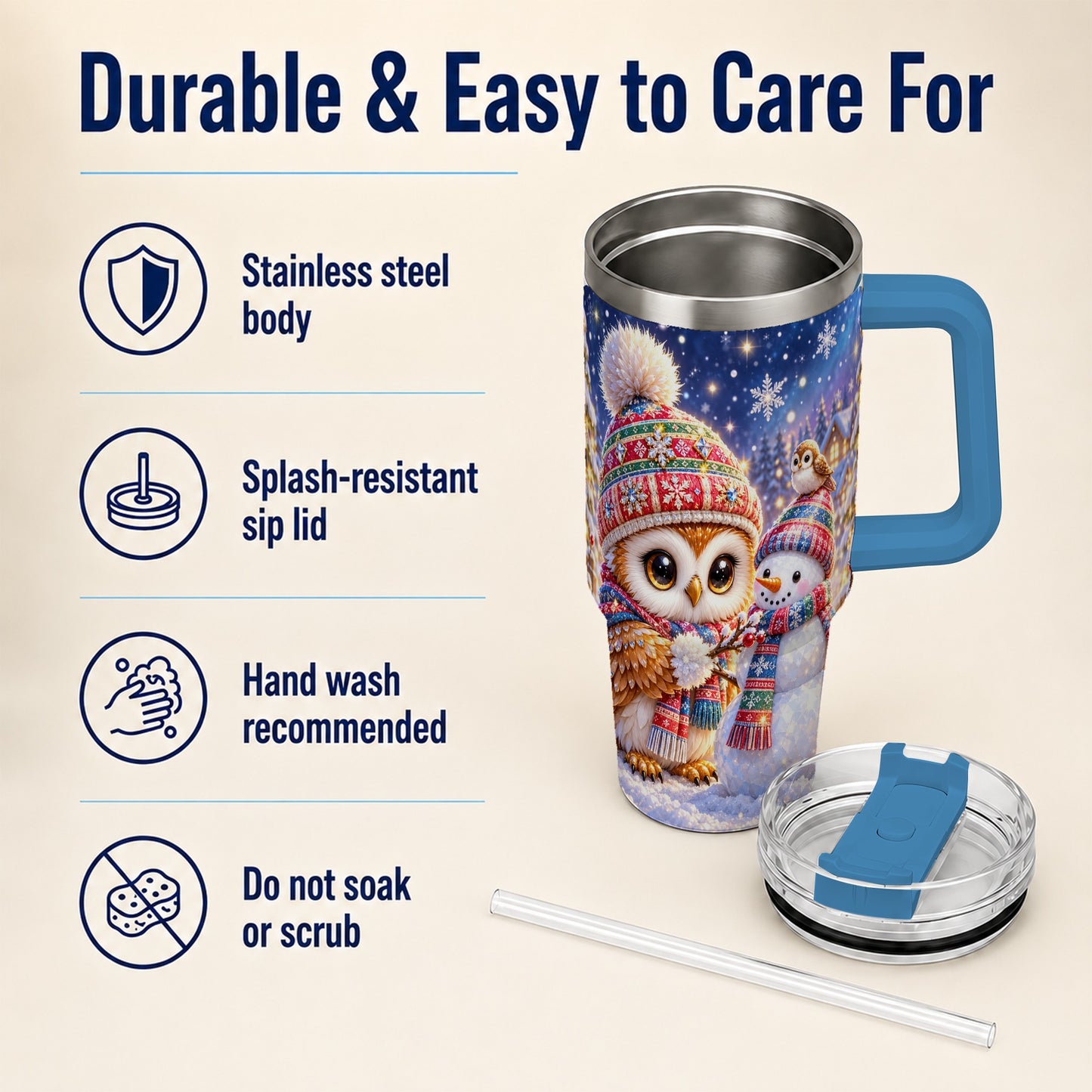 #pl[40oz|Blue] Christmas Owl Snowman 40oz Tumbler, Winter Stainless Steel Travel Cup