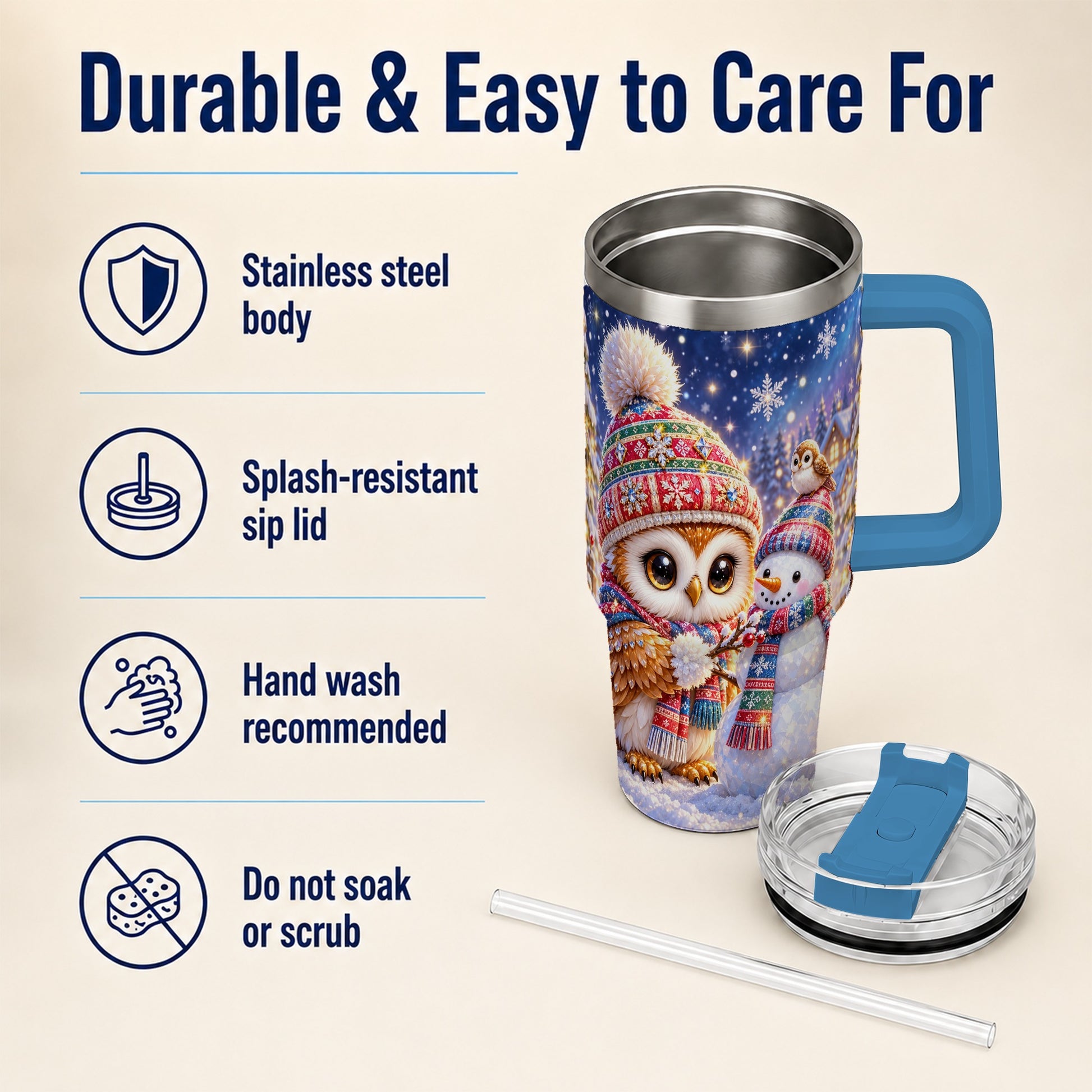 #pl[40oz|Blue] Christmas Owl Snowman 40oz Tumbler, Winter Stainless Steel Travel Cup