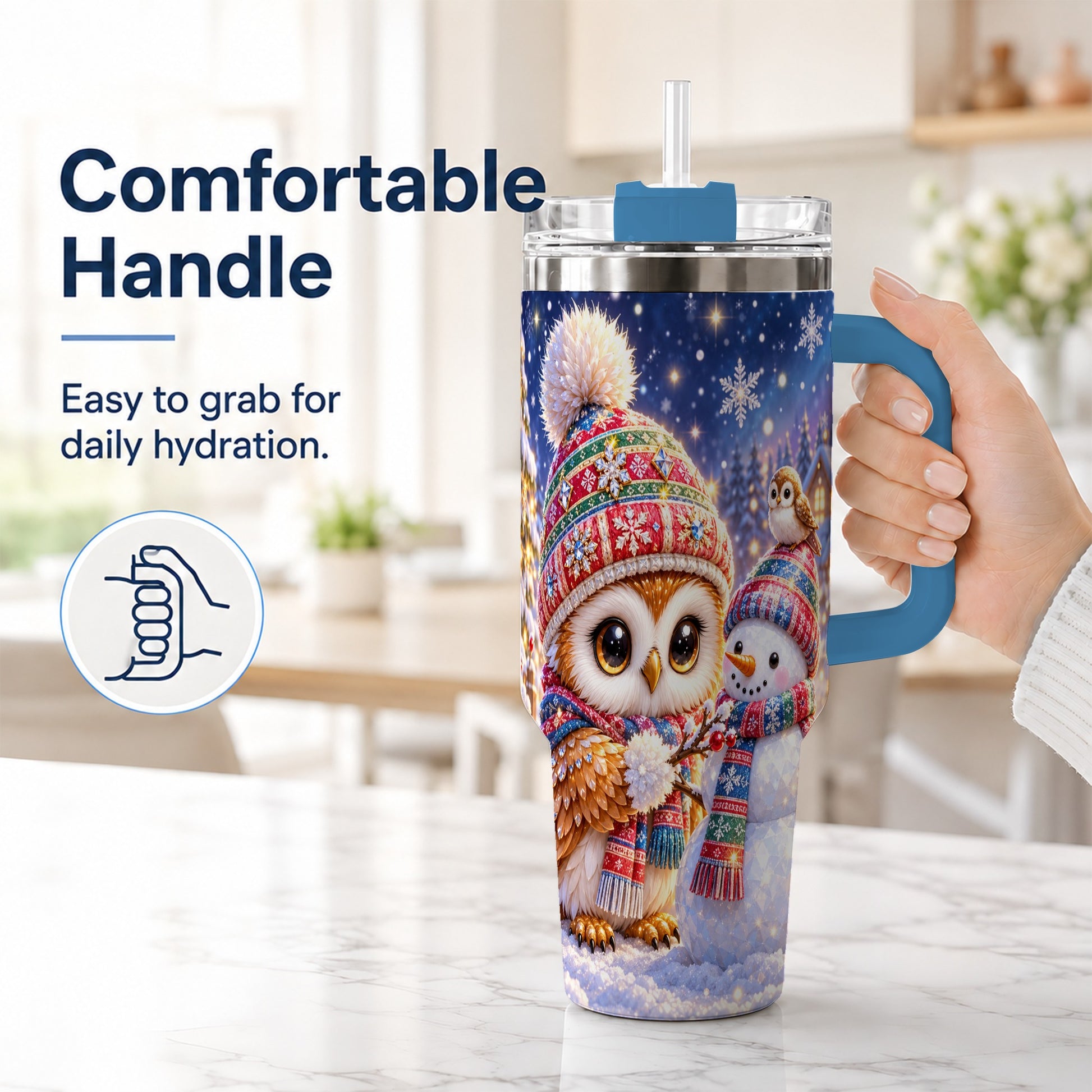 #pl[40oz|Blue] Christmas Owl Snowman 40oz Tumbler, Winter Stainless Steel Travel Cup