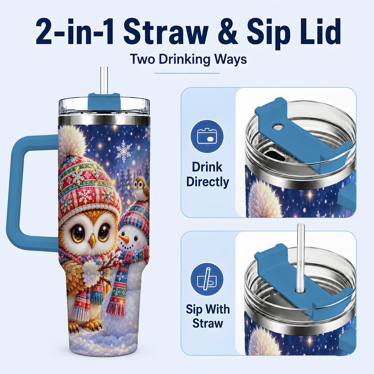 #pl[40oz|Blue] Christmas Owl Snowman 40oz Tumbler, Winter Stainless Steel Travel Cup