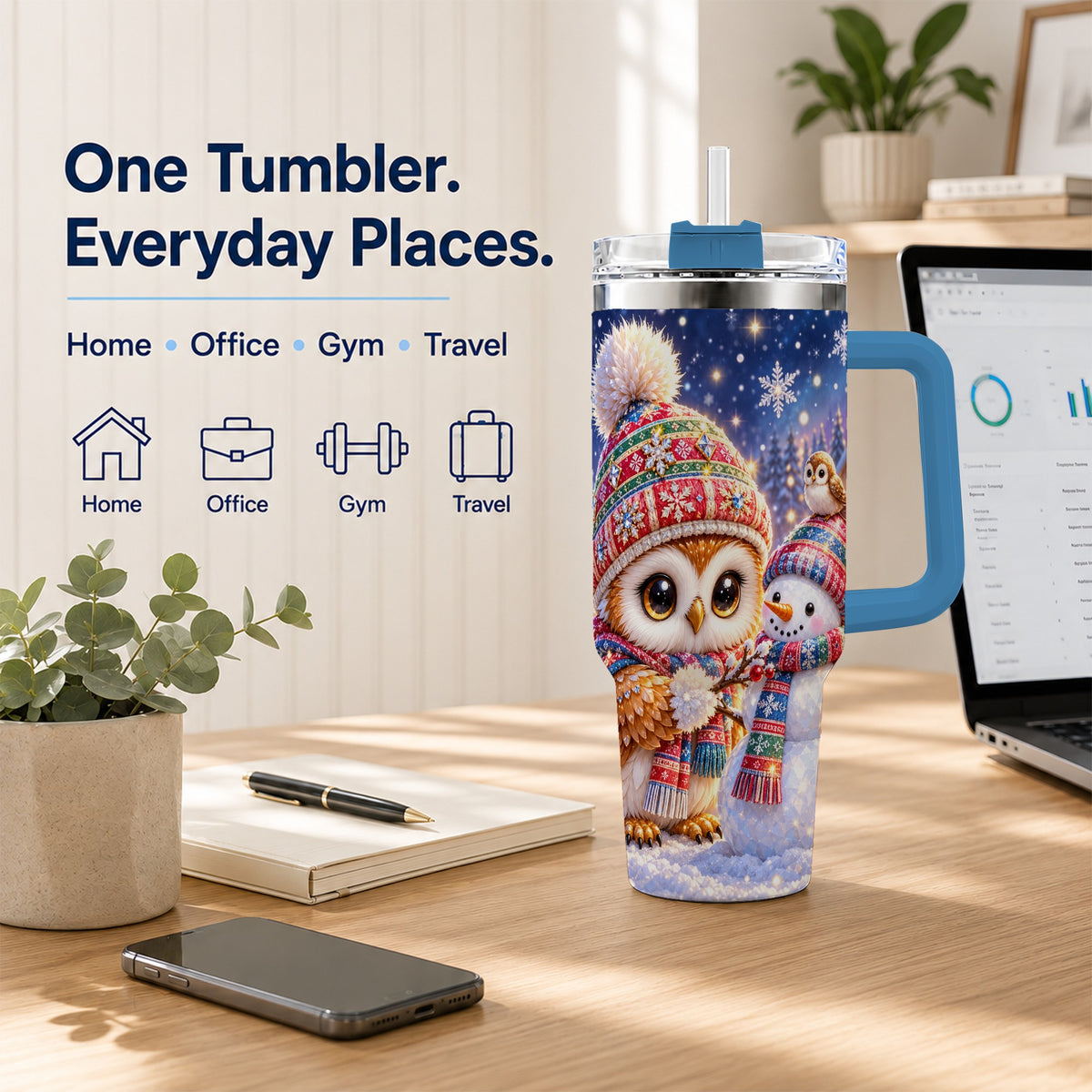#pl[40oz|Blue] Christmas Owl Snowman 40oz Tumbler, Winter Stainless Steel Travel Cup