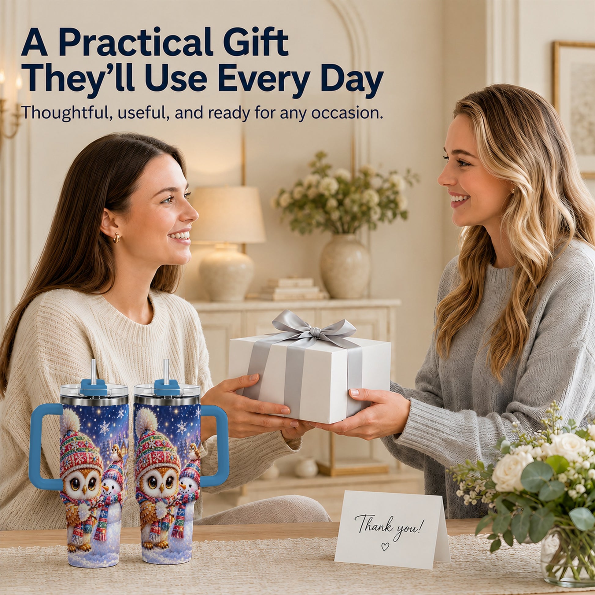 #pl[40oz|Blue] Christmas Owl Snowman 40oz Tumbler, Winter Stainless Steel Travel Cup