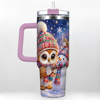 #pl[40oz|Pink] Christmas Owl Snowman 40oz Tumbler, Winter Stainless Steel Travel Cup