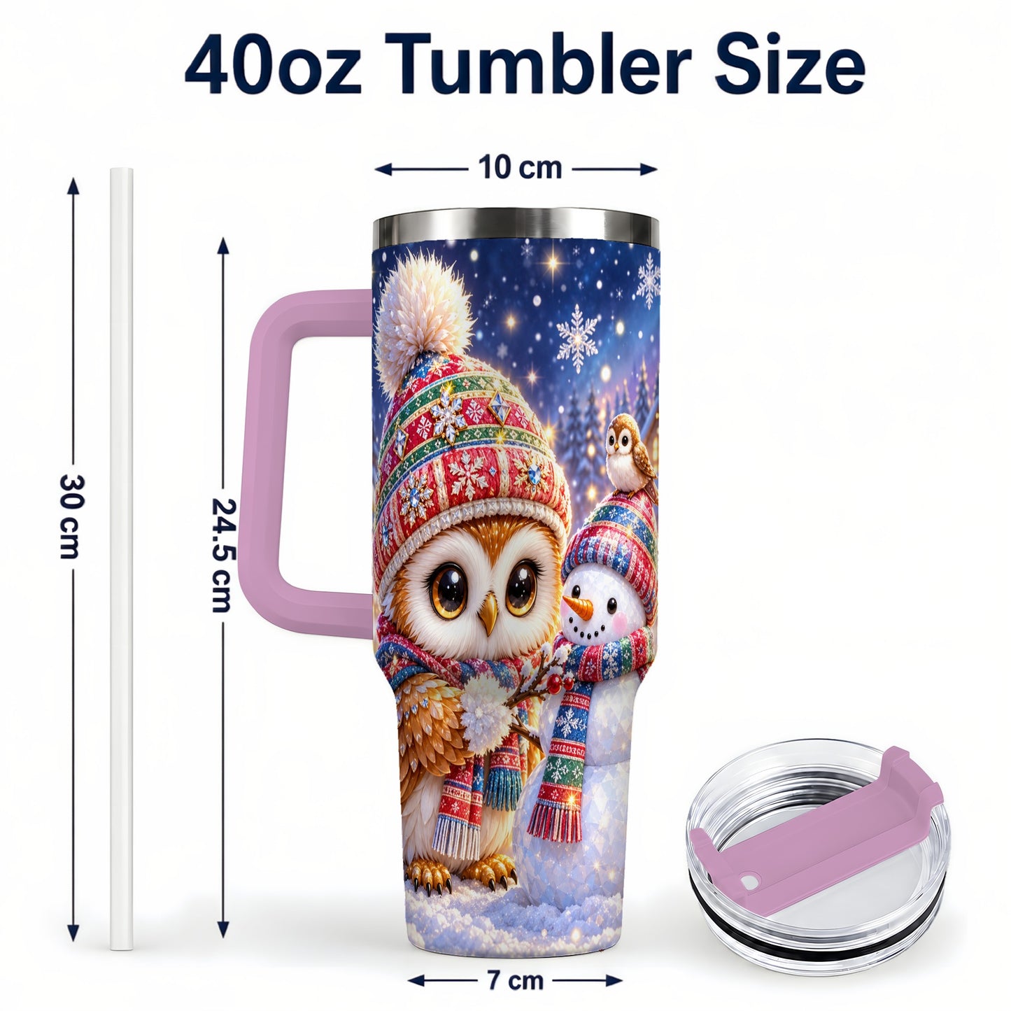 #pl[40oz|Pink] Christmas Owl Snowman 40oz Tumbler, Winter Stainless Steel Travel Cup
