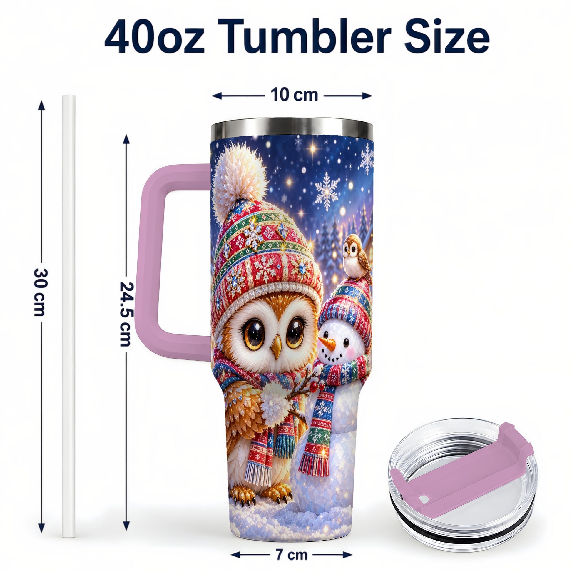 #pl[40oz|Pink] Christmas Owl Snowman 40oz Tumbler, Winter Stainless Steel Travel Cup