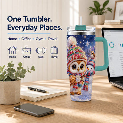 #pl[40oz|Green] Christmas Owl Snowman 40oz Tumbler, Winter Stainless Steel Travel Cup