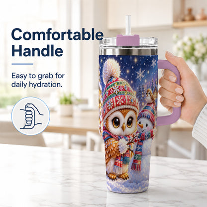 #pl[40oz|Pink] Christmas Owl Snowman 40oz Tumbler, Winter Stainless Steel Travel Cup