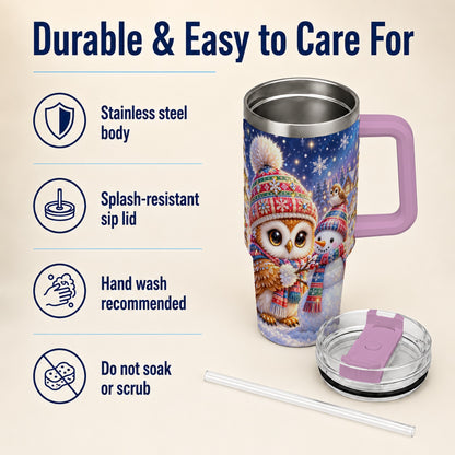 #pl[40oz|Pink] Christmas Owl Snowman 40oz Tumbler, Winter Stainless Steel Travel Cup