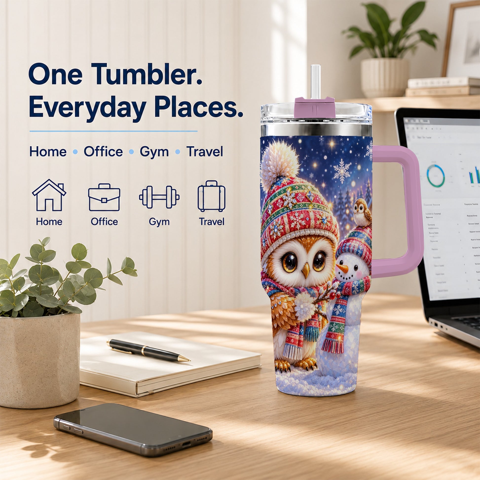 #pl[40oz|Pink] Christmas Owl Snowman 40oz Tumbler, Winter Stainless Steel Travel Cup