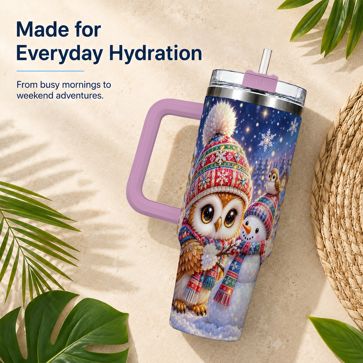 #pl[40oz|Pink] Christmas Owl Snowman 40oz Tumbler, Winter Stainless Steel Travel Cup