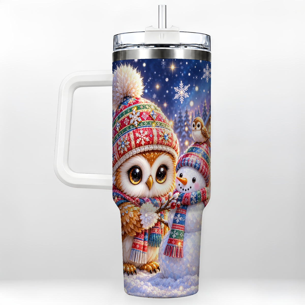 Christmas Owl Snowman 40oz Tumbler, Winter Stainless Steel Travel Cup