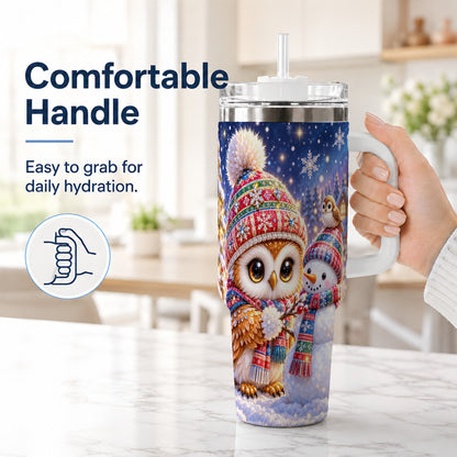 #pl[40oz|White] Christmas Owl Snowman 40oz Tumbler, Winter Stainless Steel Travel Cup