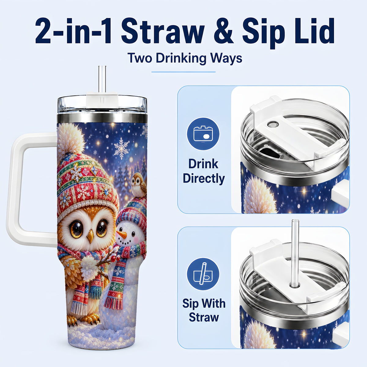 #pl[40oz|White] Christmas Owl Snowman 40oz Tumbler, Winter Stainless Steel Travel Cup