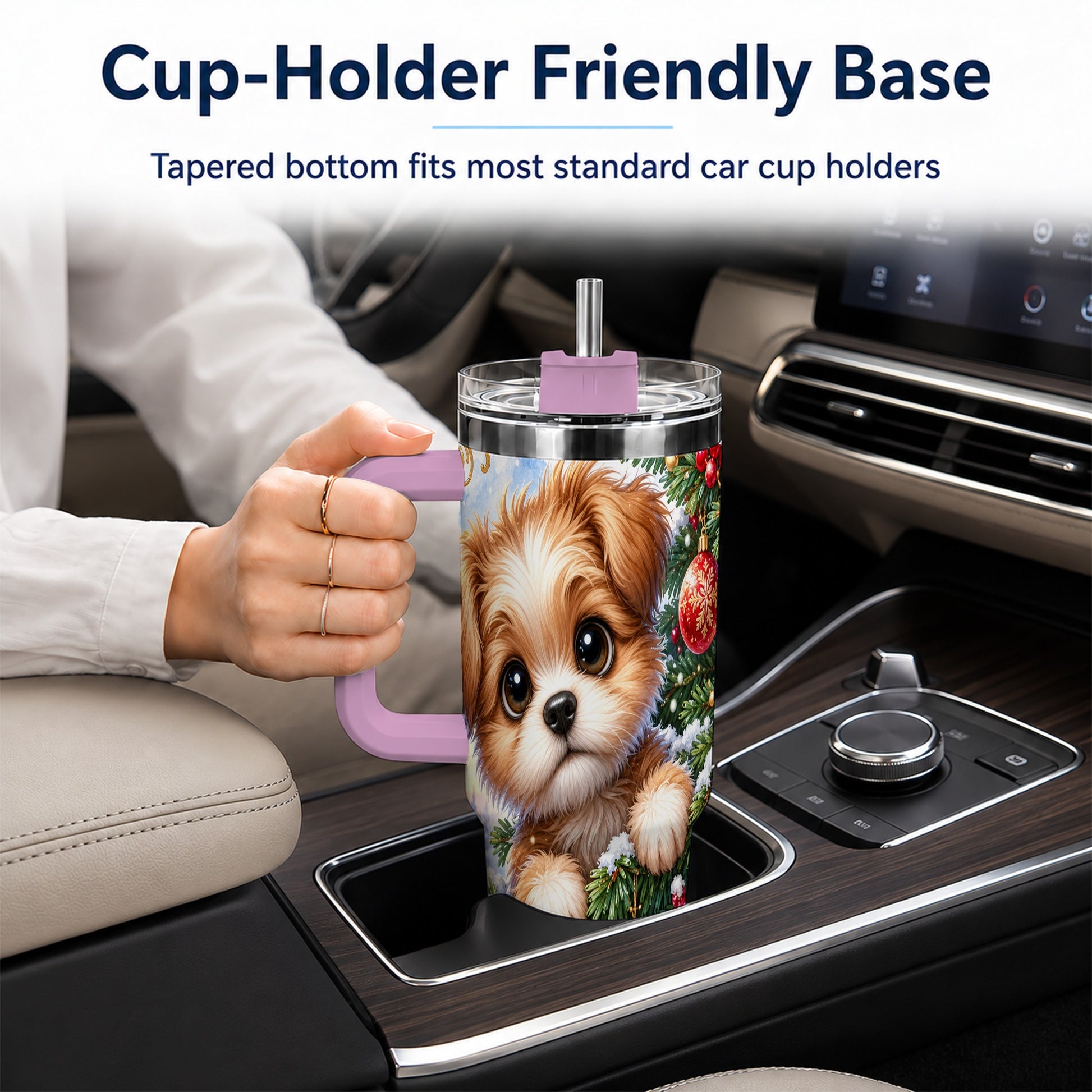 #pl[40oz|Pink] Christmas Puppy 40oz Tumbler with Handle, Festive Dog Travel Cup