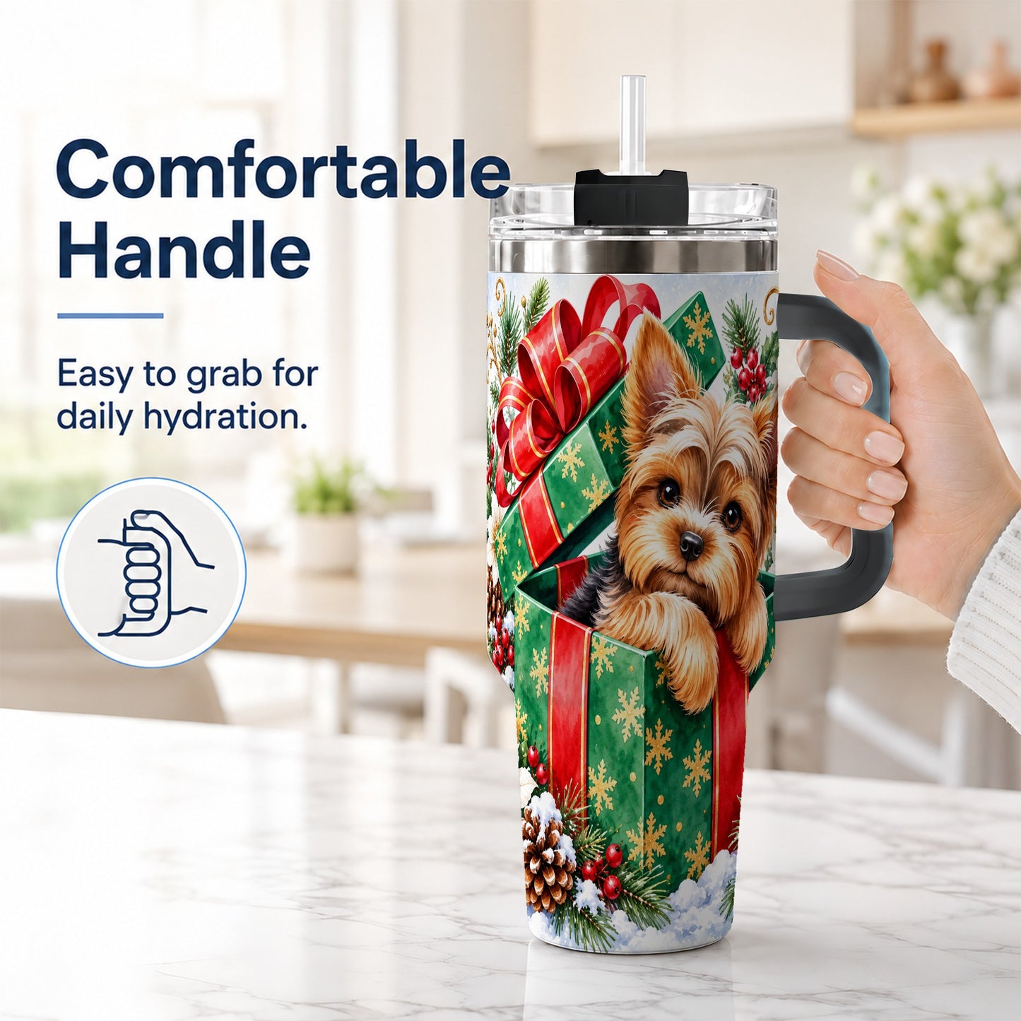#pl[40oz|Black] Yorkshire Terrier 40oz Tumbler with Handle, Christmas Dog Travel Cup