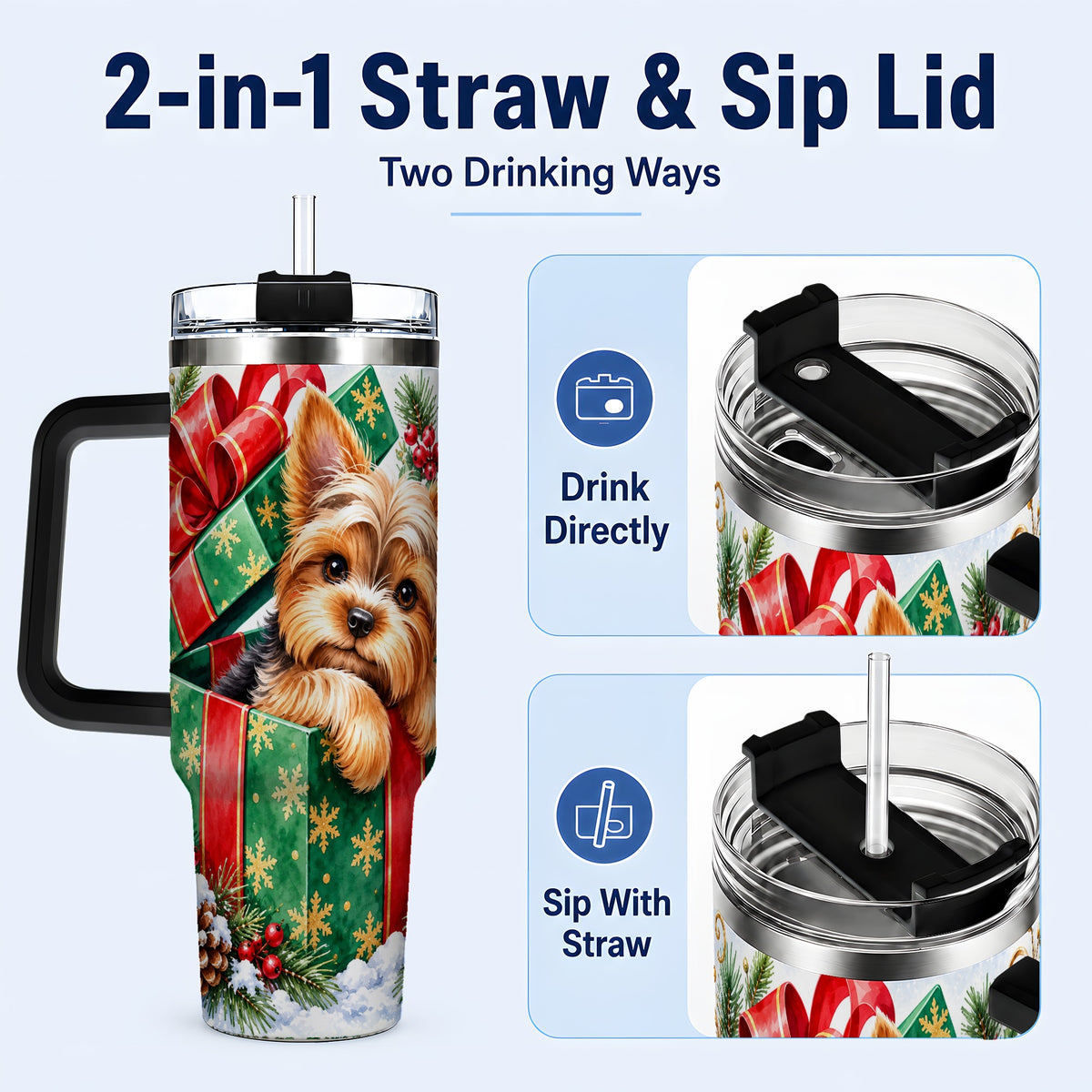 #pl[40oz|Black] Yorkshire Terrier 40oz Tumbler with Handle, Christmas Dog Travel Cup