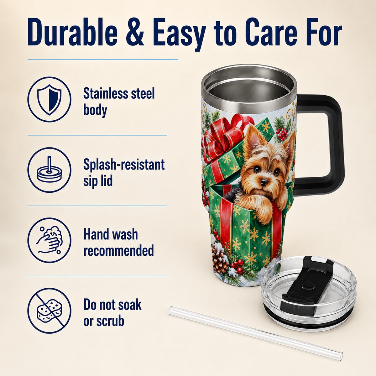 #pl[40oz|Black] Yorkshire Terrier 40oz Tumbler with Handle, Christmas Dog Travel Cup