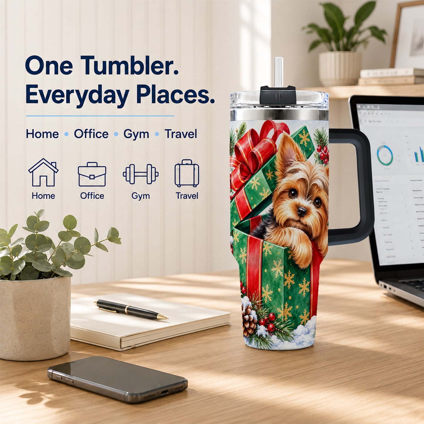 #pl[40oz|Black] Yorkshire Terrier 40oz Tumbler with Handle, Christmas Dog Travel Cup